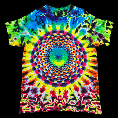 A short-sleeve crewneck t-shirt featuring a vibrant, multicolor tie-dye pattern with a large circular mandala design in the center, shown flat against a solid black background.