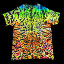 A short-sleeve crewneck t-shirt featuring a vibrant, symmetrical neon tie-dye pattern in green, yellow, orange, red, and blue on a solid black background.