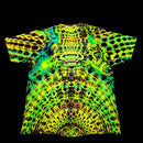 A short-sleeve crewneck t-shirt featuring a vibrant, symmetrical neon green, yellow, and black psychedelic pattern, displayed flat against a solid black background.