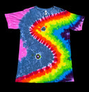 A short-sleeve tie-dye T-shirt. The shirt features a large, stylized wave pattern in a rainbow of colors including pink, blue, yellow, green, orange, and purple, with two small circular holes.