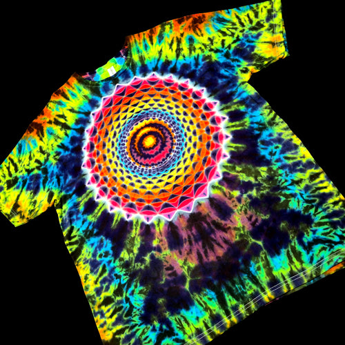 A short-sleeve tie-dye T-shirt laid flat on a black background, featuring a large psychedelic mandala spiral pattern in neon yellow, green, blue, purple, pink, and orange.