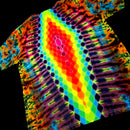 A short-sleeve tie-dye t-shirt featuring a vibrant neon rainbow pattern with a central diamond-shaped gradient of red, orange, yellow, green, and blue, surrounded by darker purple and black tie-dye swirls, shown against a solid black background.