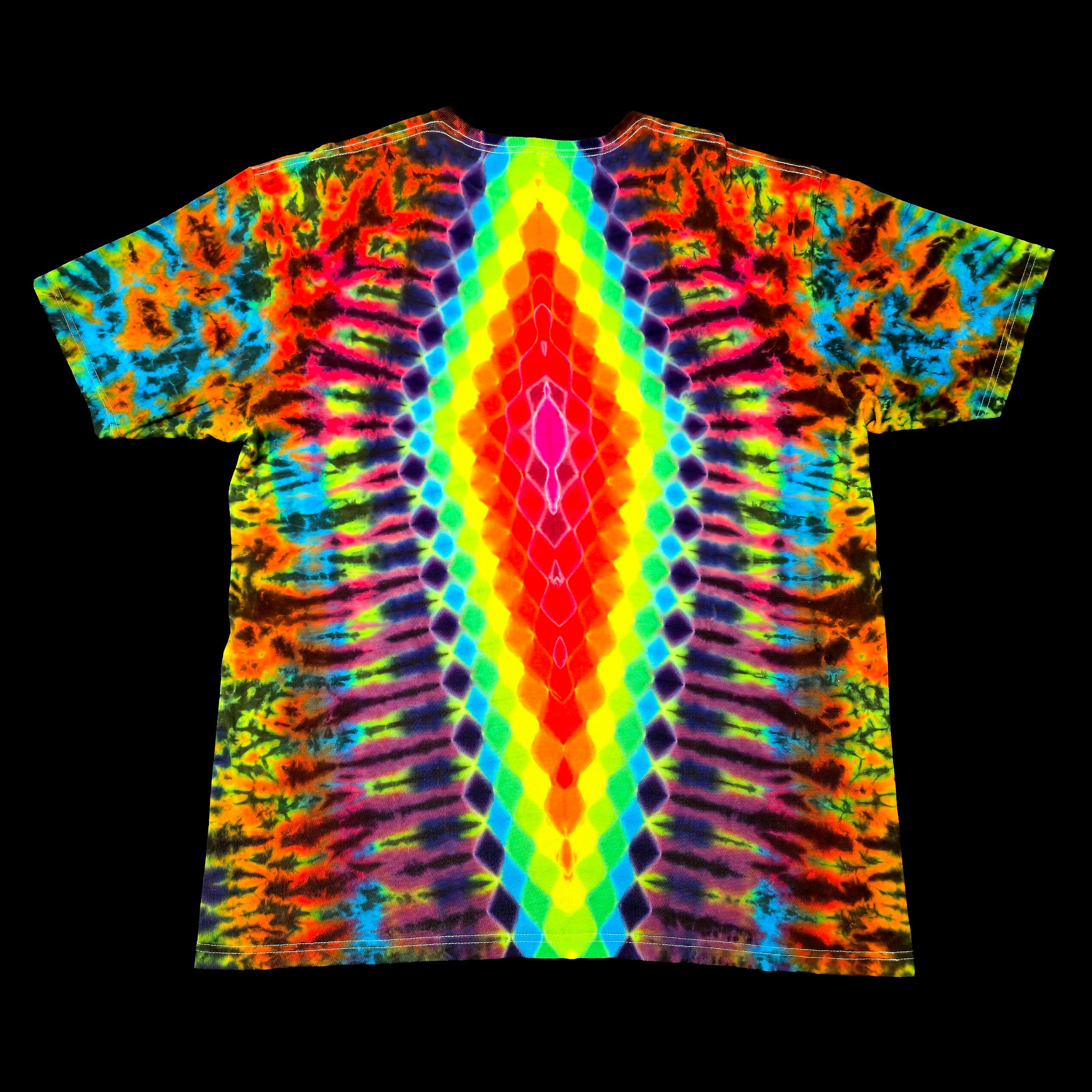 A short-sleeve crewneck t-shirt featuring a vibrant, symmetrical tie-dye pattern with a bright neon rainbow vertical diamond design in the center, flanked by multicolored tie-dye swirls on a solid black background.