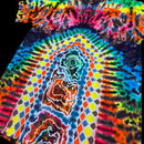 A short-sleeve tie-dye t-shirt featuring a complex, symmetrical geometric pattern with concentric diamond and spiral motifs in a rainbow of neon colors including blue, green, yellow, orange, red, and purple.