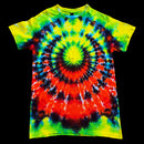 A short-sleeve crewneck tie-dye t-shirt featuring a vibrant spiral pattern with neon yellow, green, red, blue, and black.