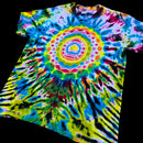 A short-sleeve crewneck tie-dye t-shirt featuring a vibrant rainbow spiral pattern on a solid black background.