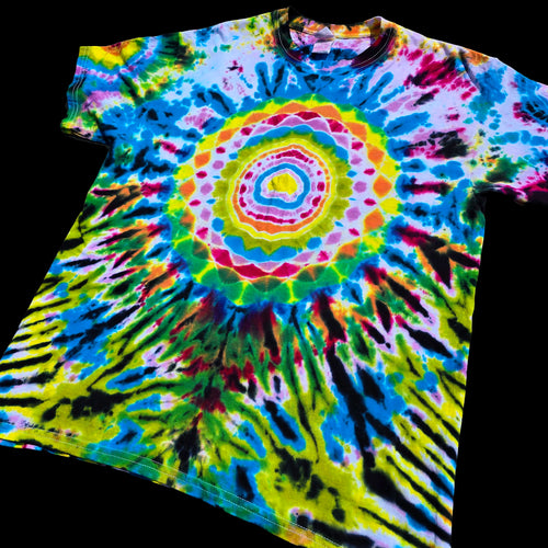 A short-sleeve crewneck tie-dye t-shirt featuring a vibrant rainbow spiral pattern on a solid black background.