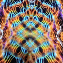 A close-up of a highly saturated abstract pattern with symmetrical concentric rings and wavy lines in bright cyan, orange, yellow, purple, and black, filling the entire frame.