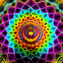 A vibrant, symmetrical psychedelic mandala pattern with concentric rings of neon purple, cyan, green, orange, yellow, and red on a dark background.