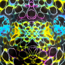 A symmetrical abstract pattern with neon yellow, cyan, purple, and white outlines.