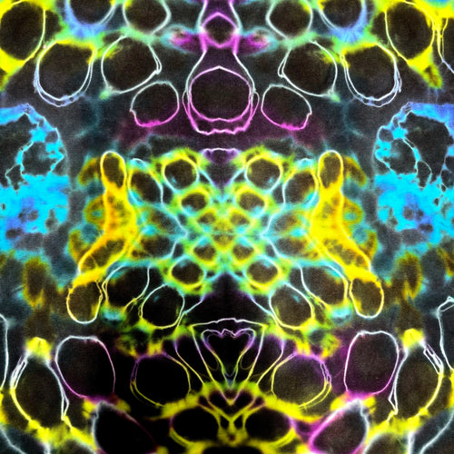 A symmetrical abstract pattern with neon yellow, cyan, purple, and white outlines.