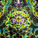 A close-up of a tie-dye garment featuring a vibrant, symmetrical psychedelic pattern with neon yellow, green, purple, and blue on a dark base. A small white paper tag is visible at the top center.