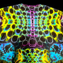 A close-up of a tie-dye spine featuring a highly symmetrical, neon psychedelic pattern with black, yellow, green, blue, and pink colors.