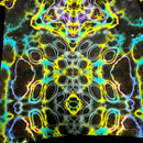 A close-up of a highly symmetrical, psychedelic tie-dye pattern featuring neon yellow, cyan, purple, and white abstract organic shapes.