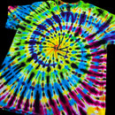 A short-sleeve tie-dye t-shirt featuring a vibrant spiral pattern with neon yellow, green, blue, purple, pink, and black dye bursts, shown against a solid black background.