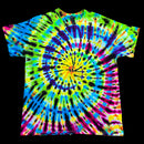 A short-sleeve crewneck tie-dye t-shirt featuring a vibrant spiral pattern with neon green, blue, yellow, purple, and pink on a solid black background.