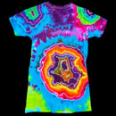 A short-sleeve crewneck t-shirt featuring a vibrant, multi-colored tie-dye pattern inspired by agate geode cross-sections.