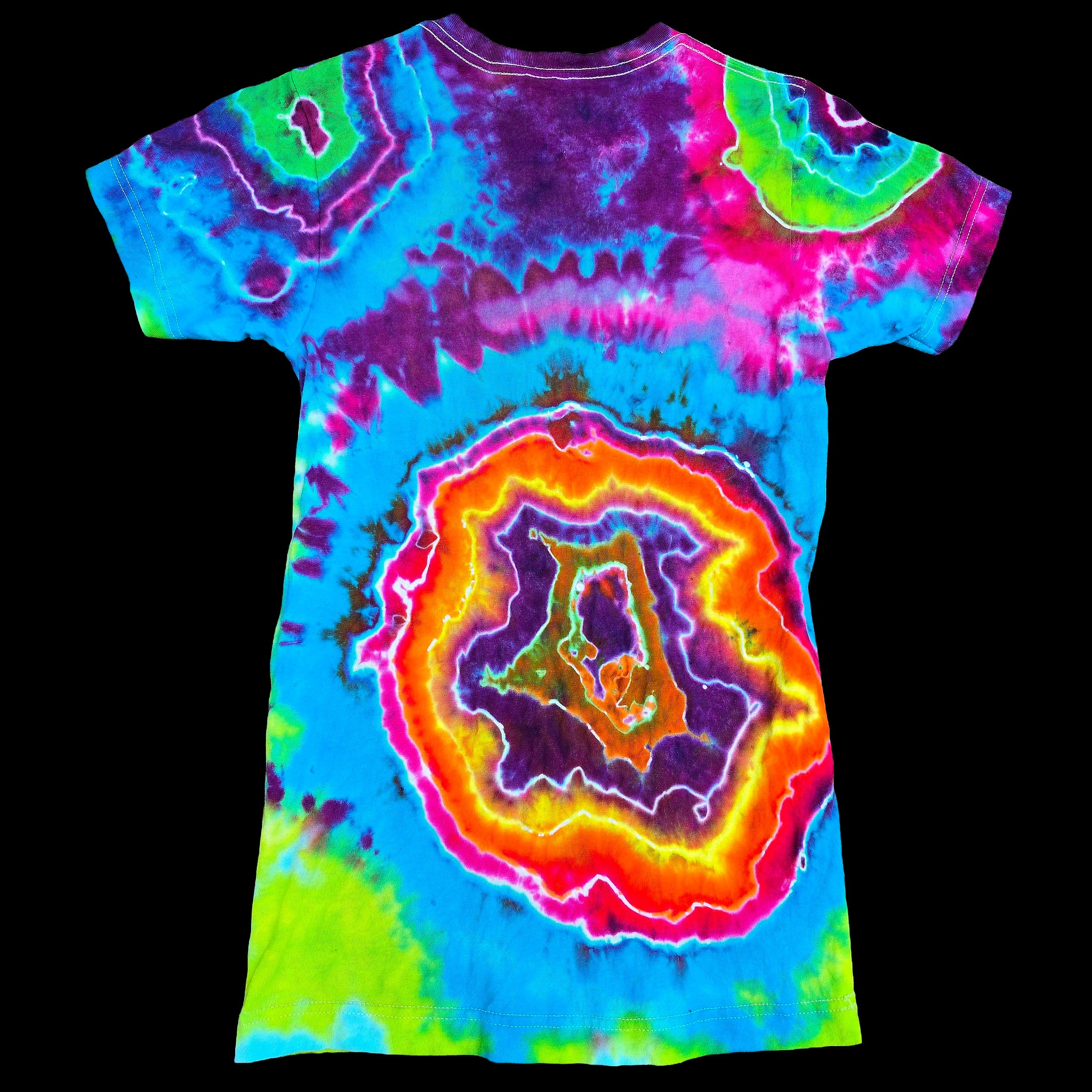 A short-sleeve crewneck t-shirt featuring a vibrant, multi-colored tie-dye pattern inspired by agate geode cross-sections.