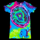 A short-sleeve crewneck tie-dye t-shirt featuring a large, vibrant agate slice pattern in neon blue, green, purple, and pink.