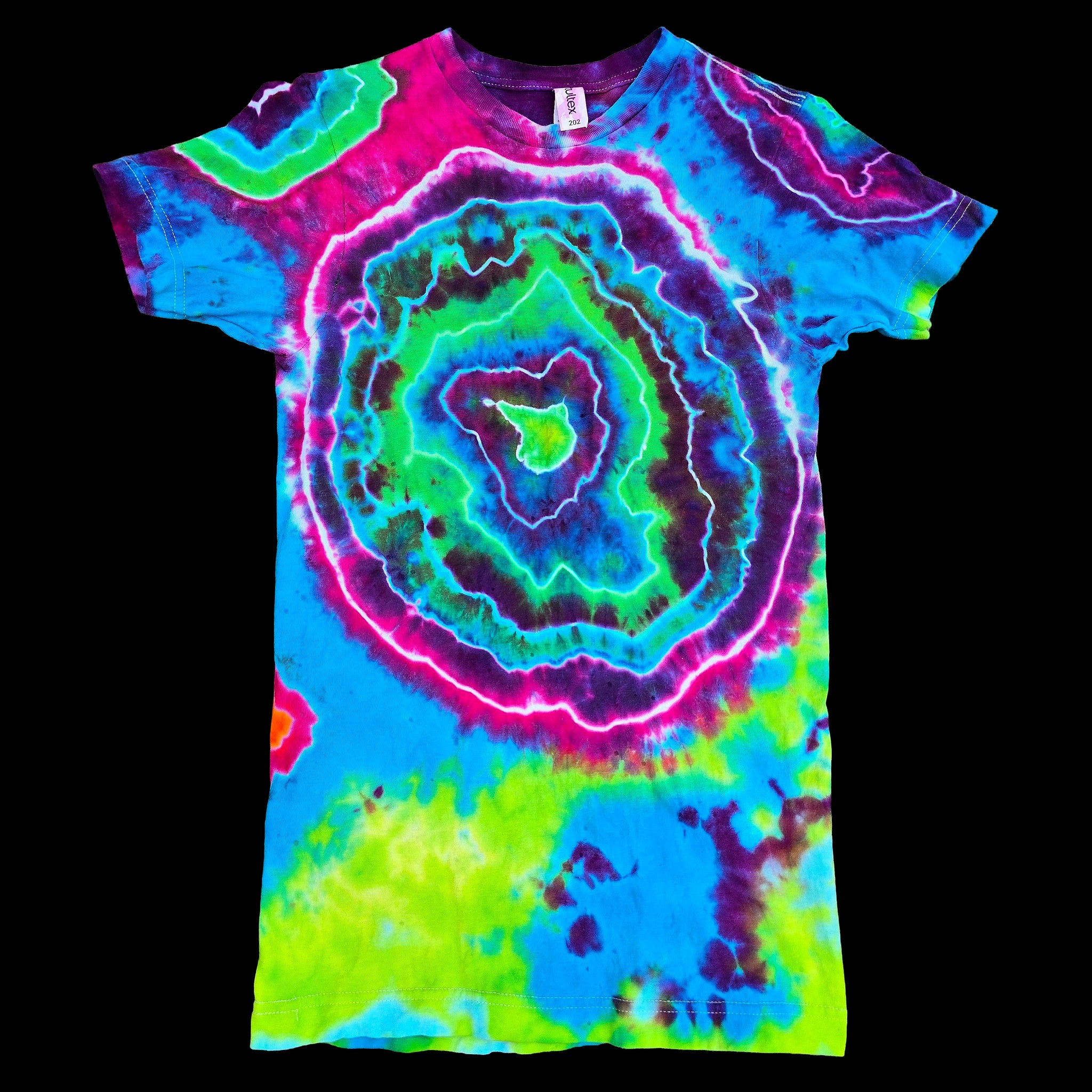 A short-sleeve crewneck tie-dye t-shirt featuring a large, vibrant agate slice pattern in neon blue, green, purple, and pink.