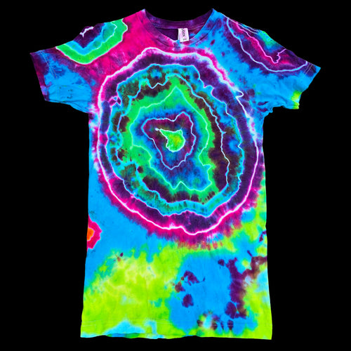 A short-sleeve crewneck tie-dye t-shirt featuring a large, vibrant agate slice pattern in neon blue, green, purple, and pink.