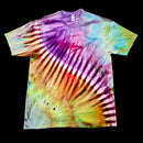 A short-sleeve crewneck tie-dye t-shirt featuring a radial burst pattern with purple, pink, yellow, green, and orange tones, displayed flat against a solid black background.