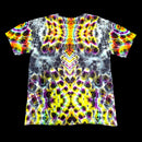A short-sleeve crewneck t-shirt featuring a vibrant, symmetrical psychedelic pattern with neon yellow, purple, green, and orange tie-dye swirls on a black background.