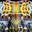 A close-up of a tie-dye garment featuring a highly symmetrical, psychedelic neon pattern with bright yellow, orange, green, blue, and purple swirls over a dark gray and white base.