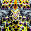 A symmetrical abstract pattern with neon yellow, purple, green, and orange outlines over a dark gray and black marbled background.