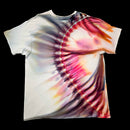 A short-sleeve crewneck tie-dye t-shirt with a spiral pattern in pink, purple, orange, and gray on a white base, shown against a solid black background.
