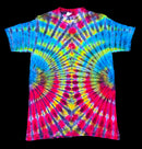 A short-sleeve tie-dye t-shirt with a vibrant spiral pattern in blue, pink, yellow, and purple.