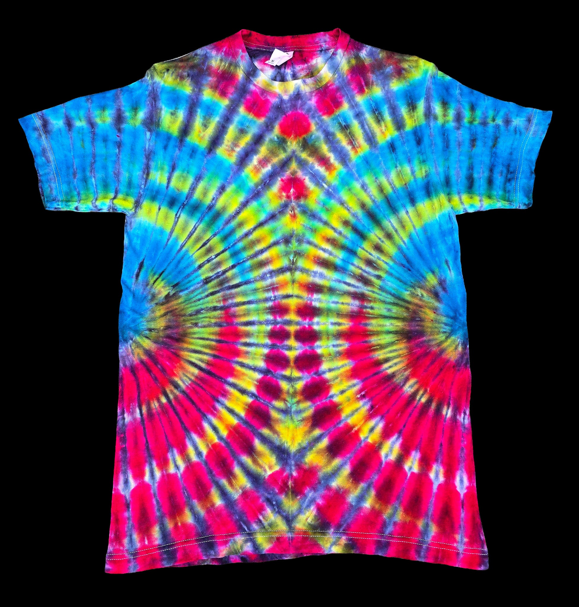 A short-sleeve tie-dye t-shirt with a vibrant spiral pattern in blue, pink, yellow, and purple.