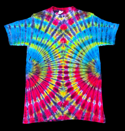 A short-sleeve tie-dye t-shirt with a vibrant spiral pattern in blue, pink, yellow, and purple.