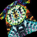 A short-sleeve t-shirt featuring a vibrant, psychedelic tie-dye pattern with a central mandala-like circular design and wavy rainbow lines over a black base.