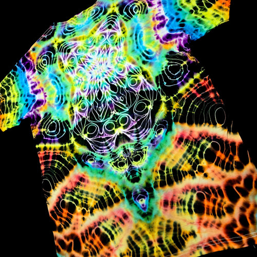 A short-sleeve t-shirt featuring a vibrant, psychedelic tie-dye pattern with neon rainbow colors over a black base.