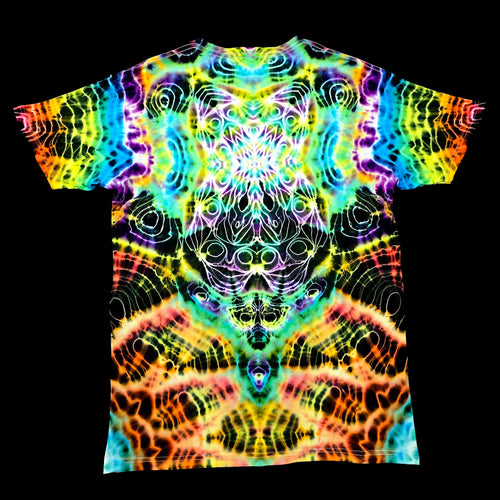 A short-sleeve crewneck t-shirt featuring a vibrant, symmetrical psychedelic kaleidoscope pattern with neon rainbow colors.