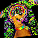 Front angled perspective view of tie dye shirt showing Scooby-Doo graphic and green geode side details