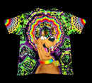 Front full flat view of handmade tie dye tee featuring hand painted Scooby-Doo portrait with rainbow halo on black cotton