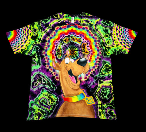 Front full flat view of handmade tie dye tee featuring hand painted Scooby-Doo portrait with rainbow halo on black cotton