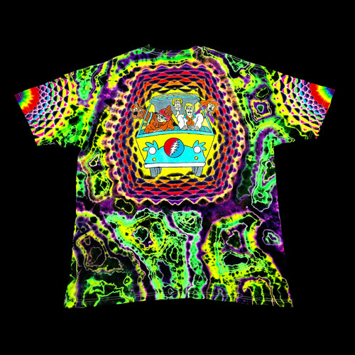 Back full flat view of tie dye shirt displaying Mystery Machine van with Grateful Dead Steal Your Face Lightning Bolt emblem and rainbow portal background