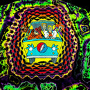 Macro close up shot of back Mystery Machine artwork with Fred, Daphne, Shaggy, Velma, and Scooby inside