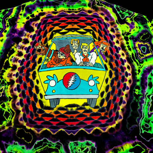 Macro close up shot of back Mystery Machine artwork with Fred, Daphne, Shaggy, Velma, and Scooby inside