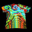 A short-sleeve crewneck t-shirt featuring a vibrant, psychedelic tie-dye pattern with swirling bands of neon blue, green, yellow, orange, and red on a black background.