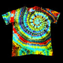 A short-sleeve crewneck t-shirt featuring a vibrant rainbow spiral tie-dye pattern, displayed flat against a solid black background.
