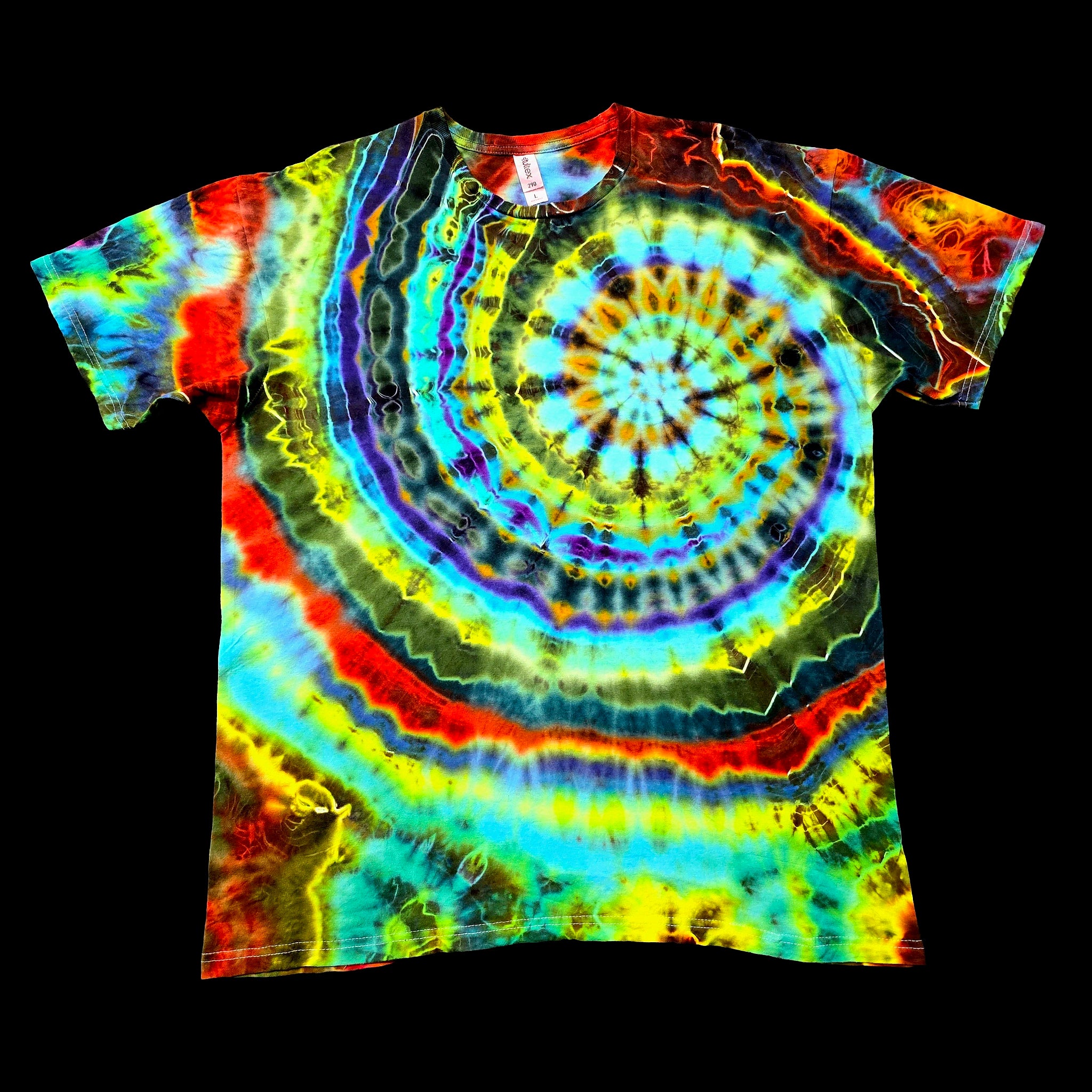 A short-sleeve crewneck t-shirt featuring a vibrant rainbow spiral tie-dye pattern, displayed flat against a solid black background.