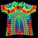 A short-sleeve tie-dye t-shirt with a highly symmetrical, neon rainbow pattern featuring concentric arches and circular motifs on a solid black background.