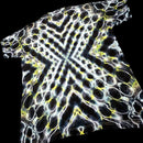 A short-sleeve t-shirt featuring a high-contrast, psychedelic tie-dye pattern of black, white, and neon yellow cells.