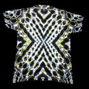 A short-sleeve t-shirt with a symmetrical, kaleidoscopic abstract pattern in black, white, and neon yellow.