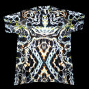 A short-sleeve crewneck t-shirt featuring a highly detailed, symmetrical psychedelic abstract pattern in black, white, yellow, and orange.