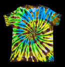 A short-sleeve crewneck tie-dye t-shirt featuring a vibrant spiral pattern with bright blue, lime green, yellow, and earthy dark brown colors.